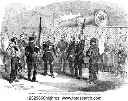 The Illustrated London News etching from 1854, Barmasun, General Bodiscoe, Russian govenor surrendering to the English and French View Large Photo Image Stock Photograph - The Illustrated London News etching from 1854, Barmasun, General Bodiscoe, Russian govenor surrendering to the English and French. Fotosearch