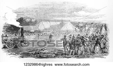 Stock Photograph - The Illustrated London News etching from 1854. Opening of the Great North of Scotland Railway, the Huntley Station. Fotosearch