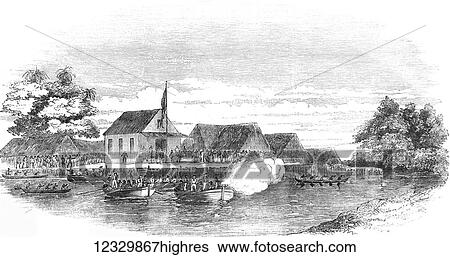 Stock Photograph - The Illustrated London News etching from 1854. H. M. S Antelope At Fernando Po Election Of A New Sovereign. Fotosearch