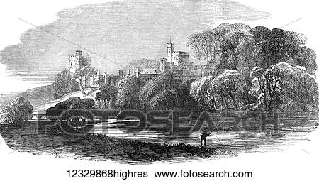 Stock Photograph - The Illustrated London News etching from 1854. Haddon Hall, Derby from Deewell road. Fotosearch