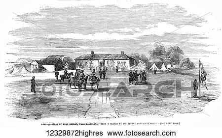 Stock Photograph - The Illustrated London News etching from 1854. Headquarters of Lord Raglan, Near Balaclava from a sketch by Lieutenant Montagu OReilly. Fotosearch