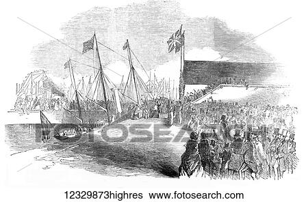 Stock Photograph - The Illustrated London News etching from 1854. Her Majesty arriving at Grisby. Fotosearch