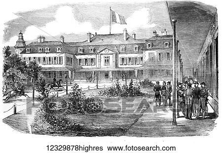 Stock Photograph - The Illustrated London News etching from 1854. The hotel Brighton, Boulogne. Fotosearch