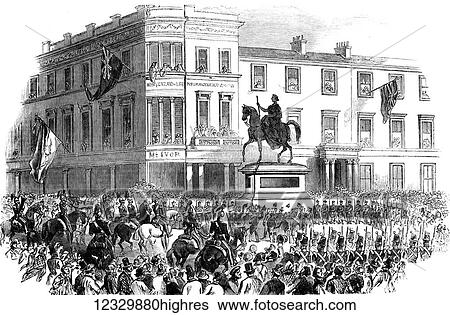 Stock Photograph - The Illustrated London News etching from 1854. Inauguration of Marochettis statue of her majesty Queen Visctoria at Glasgow. Fotosearch