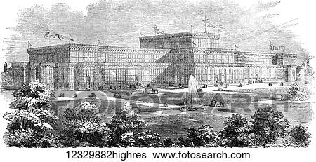Stock Photograph - The Illustrated London News etching from 1854. The industrial exhibition in Munich. Fotosearch