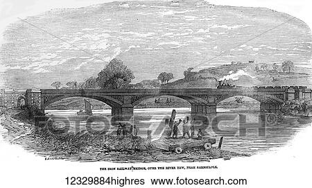 Stock Photograph - The Illustrated London News etching from 1854. New iron railway bridge over river Taw, near Barnstaple. Fotosearch