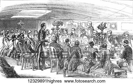 Stock Photograph - The Illustrated London News etching from 1854. The King of Denmark dining aboard the ship Cygnus. Fotosearch