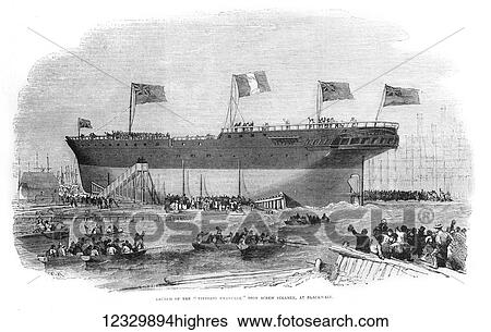 Stock Photograph - The Illustrated London News etching from 1854. Launch of the Vittorio Emanuele iron screw steamer at Blackwall. Fotosearch