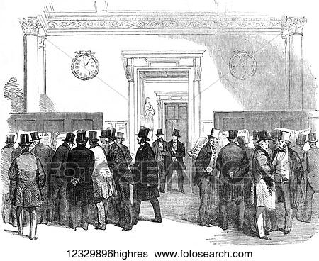 Stock Photograph - The Illustrated London News etching from 1854. Lloyds merchants room. reading the news of the victory on the Alma. Fotosearch