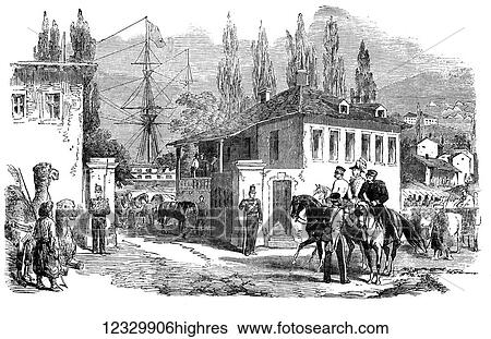 Stock Photograph - The Illustrated London News etching from 1854. Lord Raglans headquarters at Balaclava, Lord Raglan. Fotosearch