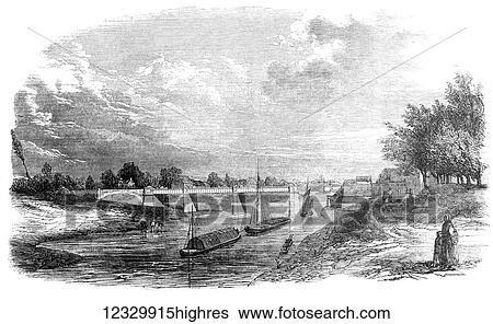 Stock Photograph - The Illustrated London News etching from 1854. New bridgeover the river Severn at Upton. Fotosearch