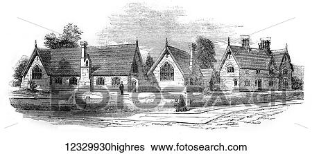 Stock Photograph - The Illustrated London News etching from 1854. Reigate national schools. Fotosearch