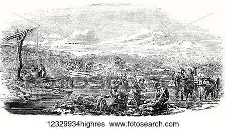 Stock Photograph - The Illustrated London News etching from 1854. Sappers repairing the road between Schumla and Varna during Crimean war. Fotosearch