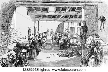 Stock Photograph - The Illustrated London News etching from 1854. Steam sewing room, ladies sewing garmentson industrial scale. Fotosearch