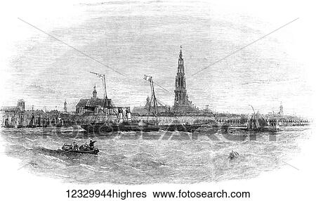 Stock Photograph - The Illustrated London News etching from 1854. New route to Belgium, the Aquila steam ship leaving Antwerp.. Fotosearch