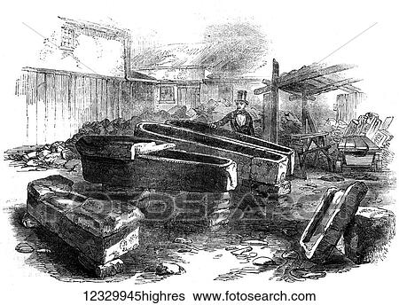Stock Photograph - The Illustrated London News etching from 1854. Stone coffins found in Bath. Fotosearch