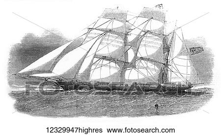 Stock Photograph - The Illustrated London News etching from 1854. Sunderland clipper Barque, the Flying Dragon. Fotosearch