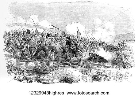 Stock Photograph - The Illustrated London News etching from 1854. The battle of Inkerman, repulse of the Russians. Crimean war. Fotosearch