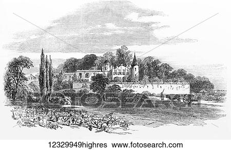 Stock Photograph - The Illustrated London News etching from 1854. The chateau Lafitte, Medoc near Bordeaux. Fotosearch