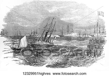 Stock Photograph - The Illustrated London News etching from 1854. The Emperor leaving Calais Harbour to visit the English Squadron. Fotosearch