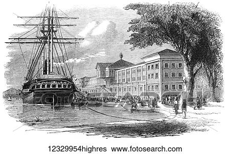 Stock Photograph - The Illustrated London News etching from 1854. The Kuleieh Barraks, Constantinople, Istanbul. The Royal Artillary disembarking from the Jason. Fotosearch