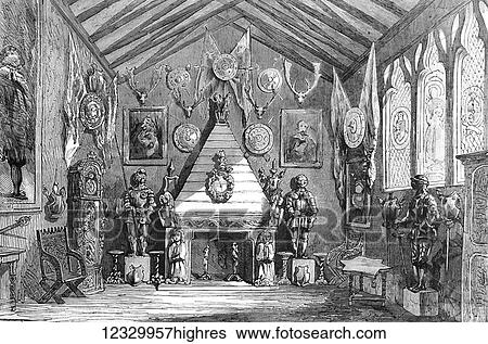 Stock Photograph - The Illustrated London News etching from 1854. The Oldham Lyceum educational and industrial exhibition at the Barionial Hall. Fotosearch