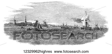 Stock Photograph - The Illustrated London News etching from 1854. Tonning of the Eyder. Fotosearch