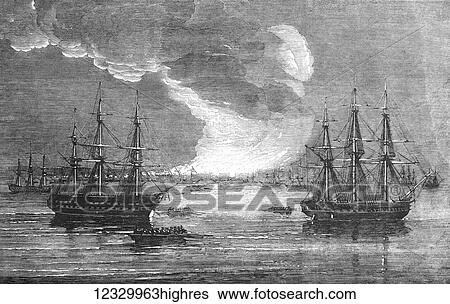 Stock Photograph - The Illustrated London News etching from 1854. BULGARIA Varna burning with French line of battle ship Baynard and HMS Leander looking on. Fotosearch