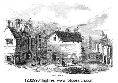 Stock Photograph - The Illustrated London News etching from 1854. Great fire Newcastle, view in Gateshead. Fotosearch