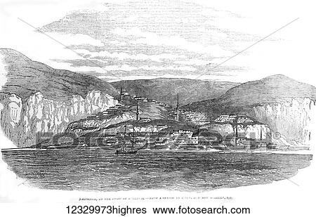 Stock Photograph - The Illustrated London News etching from 1854. Baltschik on the coast of bulgaria by lieut montagu o'reilly royal navy. Fotosearch