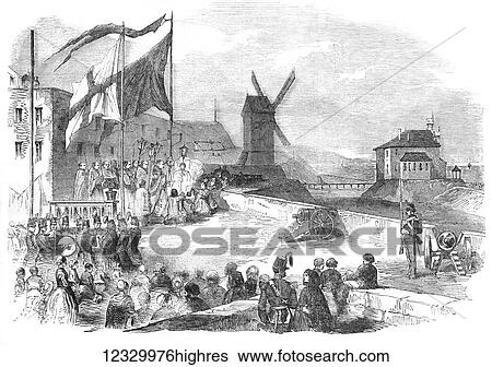 Stock Photograph - The Illustrated London News etching from 1854. Ceremony, blessing of the sea at Ostend. Fotosearch