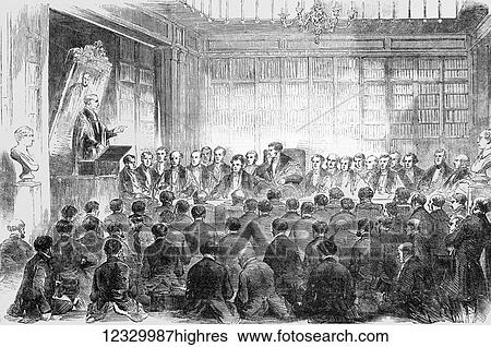 Stock Photograph - The Illustrated London News etching from 1854. Dr Alderson delivering the harveian oration in the theatre of the Royal College of Physicians. Fotosearch