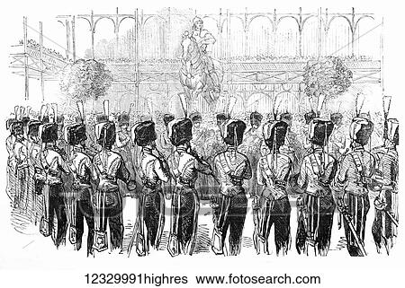 Stock Photograph - The Illustrated London News etching from 1854. Fete ar Crystal Palace, the Guides band. Fotosearch