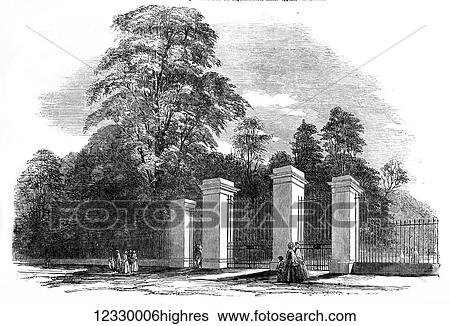 Stock Photograph - The Illustrated London News etching from 1854. New gates at Kensington Gardens Bayswater Road. Fotosearch