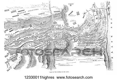 Stock Photograph - The Illustrated London News etching from 1854. Plan of the battle of Alma, Crimean war. Fotosearch
