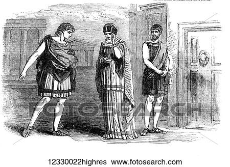 Stock Photograph - The Illustrated London News etching from 1854. Scene from Westminster play, Eunuchus, act 1 scene 1 Paedria, Thais, Parmeno. Phaedria reproaches Thais, Parmeno sneers at his want of firmness. Fotosearch