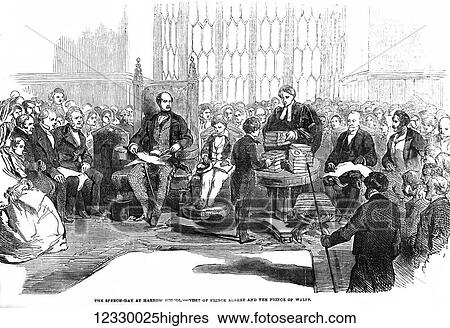 Stock Photograph - The Illustrated London News etching from 1854. Speach day at Harrow School, a visit of Prince Albert and the Price of Wales. Fotosearch