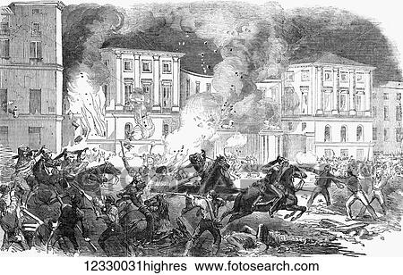 Stock Photograph - The Illustrated London News etching from 1854. The insurrection in Spain, insurgents setting fire to the palace of Queen Christina in Madrid. Fotosearch