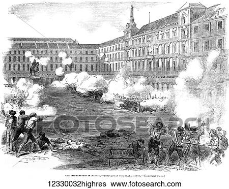 Stock Photograph - The Illustrated London News etching from 1854. The Insurrection in Madrid, Spain, conflict in the Plaza Mayor. Fotosearch