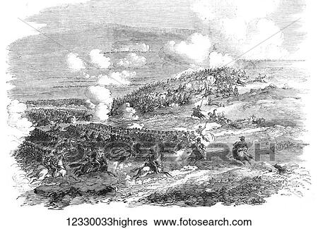 Stock Photograph - The Illustrated London News etching from 1854. The light calavry charge at Balaclava. Fotosearch