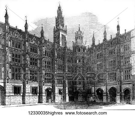 Stock Photograph - The Illustrated London News etching from 1854. The new houses of parliment entrance to the star chamber court, new palace yard. Fotosearch