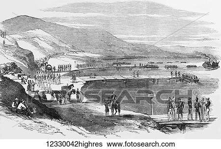 Stock Photograph - The Illustrated London News etching from 1854. Embarkation of British troops ( light division ) at Varna for the Crimea. Fotosearch