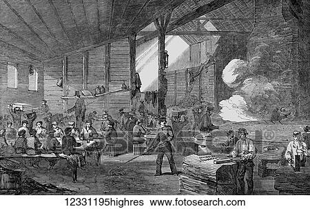 Stock Photograph - The Illustrated London News etching from 1854. Schlesinger and Cos ammunition works at Northfleet, bullet casting. Fotosearch