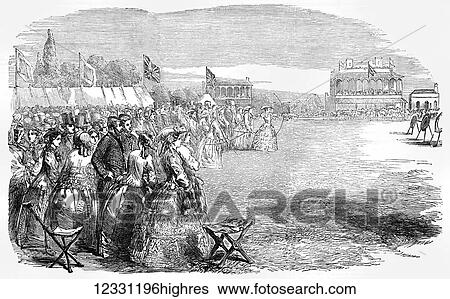 Stock Photograph - The Illustrated London News etching from 1854. Grand National Archery meeting on the race ground at Shrewsbury. Fotosearch