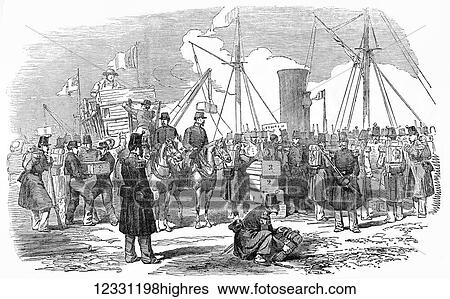 Stock Photograph - The Illustrated London News etching from 1854. Embarkation of arms at Calais, France on Friday. Steam ship in port and amunition being loaded on board by soldiers.. Fotosearch
