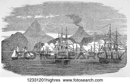 Stock Photograph - The Illustrated London News etching from 1854. Naval attack on the russian fort of petropaulovski. Ships included Lobligator, Virago, Eurydice, Pique. The Siege of Petropavlovsk was a military operation in the Pacific Theatre of the Crimean War. The.... Fotosearch