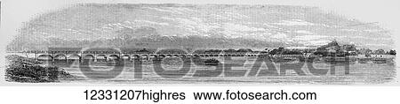 Stock Photograph - The Illustrated London News etching from 1853. Bridge across the Cauvery at techinopoly. Fotosearch