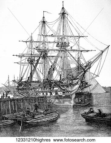Stock Photograph - The Illustrated London News etching from 1854. H. M Screw Line of Battle ship Caesar at Portsmouth. Fotosearch