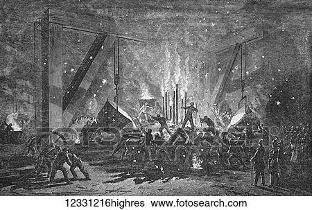 Stock Photograph - The Illustrated London News etching from 1854. Casting a monster cylinder at Messrs Scott Russell and cos building yard, Millwall, London, shipbuilding, ironfoundry. Fotosearch
