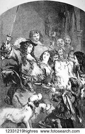 Stock Photograph - The Illustrated London News etching from 1854. Charles the second knighting the loin of beef. Using his sword to cut loin of beef whilst people and dogs look on.. Fotosearch